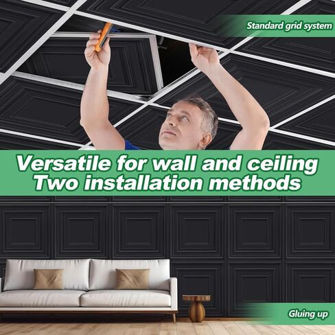 20 Pcs 2 x 2 ft PVC Plastic Drop Ceiling Tiles 24 x 24 x 0.8 Inch Ceiling Panels Decorative Ceiling Covering for Office Bathroom Living Room Bedroom (Black) in Saudi Arabia