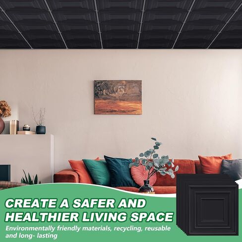 20 Pcs 2 x 2 ft PVC Plastic Drop Ceiling Tiles 24 x 24 x 0.8 Inch Ceiling Panels Decorative Ceiling Covering for Office Bathroom Living Room Bedroom (Black) in Saudi Arabia