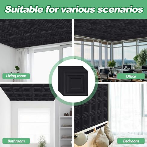 20 Pcs 2 x 2 ft PVC Plastic Drop Ceiling Tiles 24 x 24 x 0.8 Inch Ceiling Panels Decorative Ceiling Covering for Office Bathroom Living Room Bedroom (Black) in Saudi Arabia