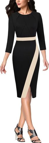 VFSHOW Womens Pleated Crew Neck Front Slit Work Business Office Bodycon Sheath Pencil Dress in Saudi Arabia