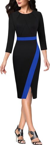 VFSHOW Womens Pleated Crew Neck Front Slit Work Business Office Bodycon Sheath Pencil Dress in Saudi Arabia