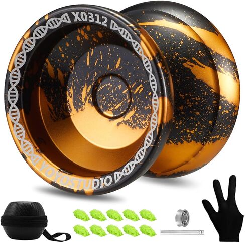 Yoyo Professional Responsive Yoyo X0312 for Kids Beginner, Dual Purpose Fingerspin Yo yo for Adults with Unresponsive Yoyo Bearing Kit, 10 Yoyo Strings, Yo-Yo Case & Glove (Black and Gold) in Kuwait