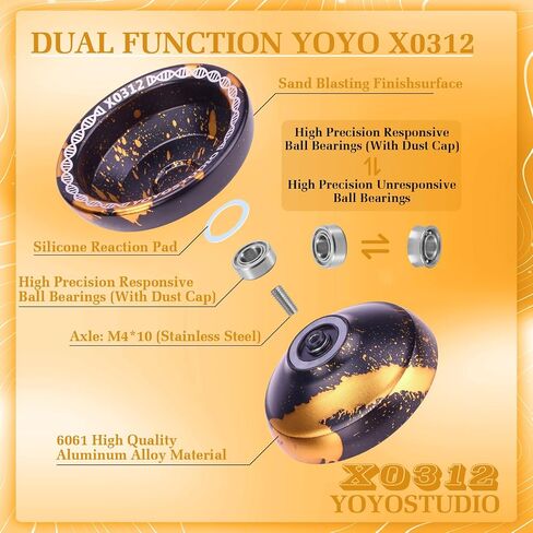 Yoyo Professional Responsive Yoyo X0312 for Kids Beginner, Dual Purpose Fingerspin Yo yo for Adults with Unresponsive Yoyo Bearing Kit, 10 Yoyo Strings, Yo-Yo Case & Glove (Black and Gold) in Kuwait