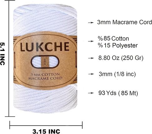Braided Macrame Cord 3mm x 93yards (279 Feet), Cotton Macrame Cord, Colored Rope, Macrame Yarn, Colored Craft Rope for Wall Hanging, Plant Hangers, Crafts, for Knitting (White 3mm) 1 in Kuwait