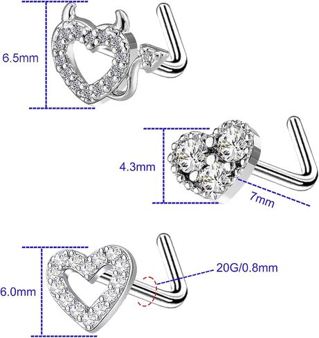VERAMI 20G Nose Ring Studs 316L Heart Nose Rings Nose Studs Heart Nose Stud Surgical Steel CZ L-Shaped Body Piercing Jewelry in Kuwait