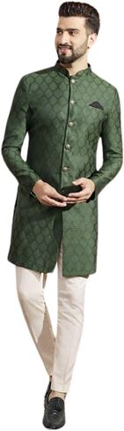 طقم بنطلون Indo Western Sherwani للرجال من KISAH، مزيج من حرير الزيتون، تصميم منسوج، ياقة ماندرين وأكمام طويلة (M) in Kuwait