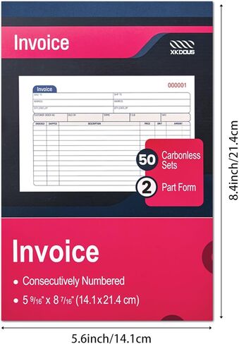 XKDOUS 2 Pack Invoice Book, 2-Part Carbonless, 5-9/16" x 8-7/16" Invoice Receipt Book for Small Business, 50 Sets per Book in Kuwait