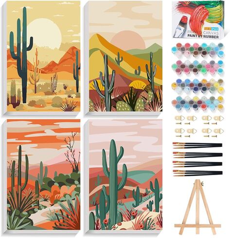 Offito 4 Pack Framed Paint by Numbers Kit for Adults Beginners with Wooden Easel, Landscape Easy Paint by Number Kit with Frame, Watercolor Adult Paint by Number Framed Canvas (8 * 12 Inch) in Saudi Arabia