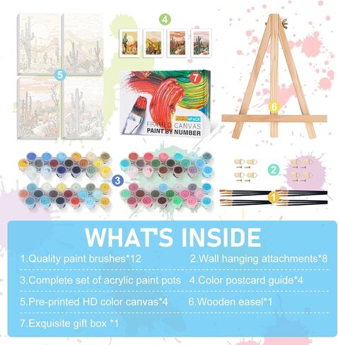 Offito 4 Pack Framed Paint by Numbers Kit for Adults Beginners with Wooden Easel, Landscape Easy Paint by Number Kit with Frame, Watercolor Adult Paint by Number Framed Canvas (8 * 12 Inch) in Saudi Arabia