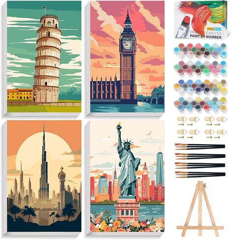 Offito 4 Pack Framed Paint by Numbers Kit for Adults Beginners with Wooden Easel, Landscape Easy Paint by Number Kit with Frame, Watercolor Adult Paint by Number Framed Canvas (8 * 12 Inch) in Saudi Arabia