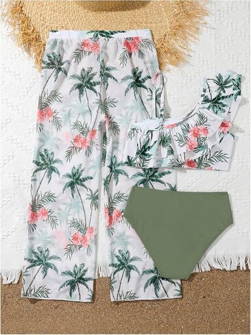 OYOANGLE Girl's 3 Piece Swimsuits Tropical Print Ruffle Trim Asymmetrical Neck Swimwear with Cover Up Pants in Saudi Arabia