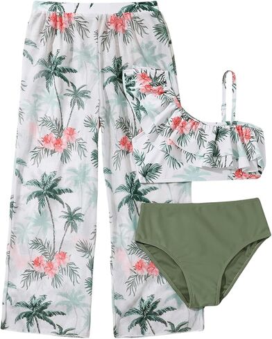 OYOANGLE Girl's 3 Piece Swimsuits Tropical Print Ruffle Trim Asymmetrical Neck Swimwear with Cover Up Pants in Saudi Arabia