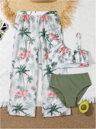 OYOANGLE Girl's 3 Piece Swimsuits Tropical Print Ruffle Trim Asymmetrical Neck Swimwear with Cover Up Pants in Saudi Arabia