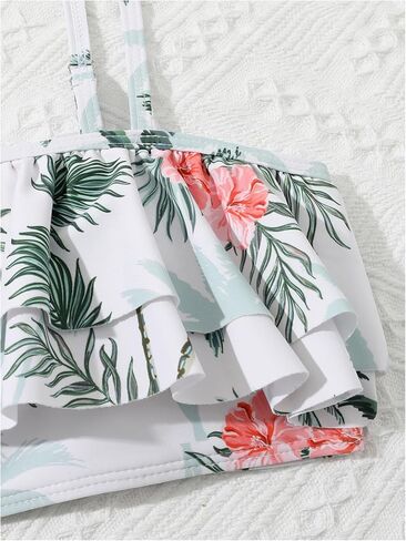 OYOANGLE Girl's 3 Piece Swimsuits Tropical Print Ruffle Trim Asymmetrical Neck Swimwear with Cover Up Pants in Saudi Arabia