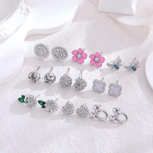 12/18 Pairs Hypoallergenic Stainless Steel Stud Earrings for Girls Women Cute Pearl Ball CZ Heart Butterfly Flower Love Knot Stud Earrings Set for Teen Girls in Saudi Arabia