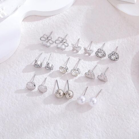 12/18 Pairs Hypoallergenic Stainless Steel Stud Earrings for Girls Women Cute Pearl Ball CZ Heart Butterfly Flower Love Knot Stud Earrings Set for Teen Girls in Saudi Arabia