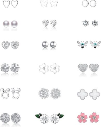 12/18 Pairs Hypoallergenic Stainless Steel Stud Earrings for Girls Women Cute Pearl Ball CZ Heart Butterfly Flower Love Knot Stud Earrings Set for Teen Girls in Saudi Arabia
