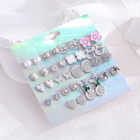12/18 Pairs Hypoallergenic Stainless Steel Stud Earrings for Girls Women Cute Pearl Ball CZ Heart Butterfly Flower Love Knot Stud Earrings Set for Teen Girls in Saudi Arabia