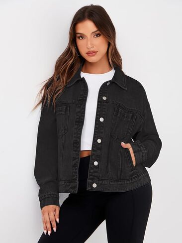 Glamaker Womens Oversized Jean Jacket Casual Long Sleeve Button Down Denim Jacket Fall Coat in Saudi Arabia