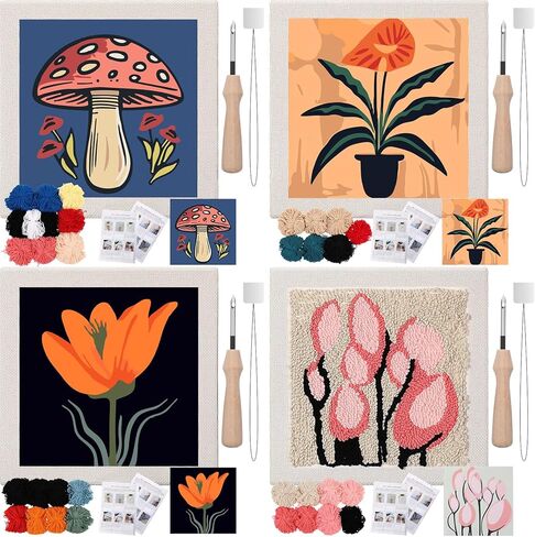 Daifunli 4 Sets Punch Needle Kit with Frame for Beginners 10 x 10 Inch Embroidery Starter Kits Punch Needle Kit with Pattern, Threader, Yarns, Tools for Adults Craft DIY Christmas Birthday in Kuwait