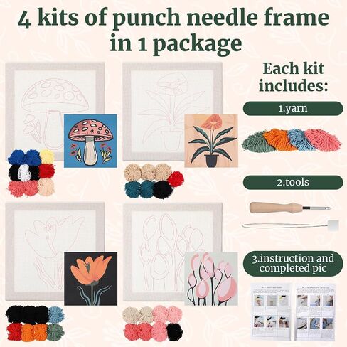 Daifunli 4 Sets Punch Needle Kit with Frame for Beginners 10 x 10 Inch Embroidery Starter Kits Punch Needle Kit with Pattern, Threader, Yarns, Tools for Adults Craft DIY Christmas Birthday in Kuwait