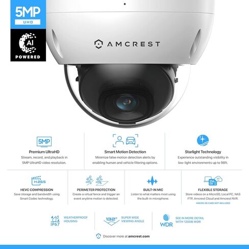 كاميرا Amcrest 2-Pack 5MP POE، كاميرا IP POE IP للتخريب في الهواء الطلق، 5 ميجابيكسل، رؤية ليلية 98 قدمًا، عدسة 2.8 مم، IP67، مقاومة IK10، MicroSD 256 جيجابايت (تباع بشكل منفصل) (IP5M-D1188EW-28MM) in Kuwait