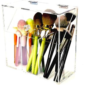 Acrylic Makeup Organizer,Clear Cosmetic Brush Storage Box With 3 Brush Holders,Makeup Brush Holderwith Dust Cover, Large-capacity Split Design Can Quickly Organize the Desktop（No pearls）