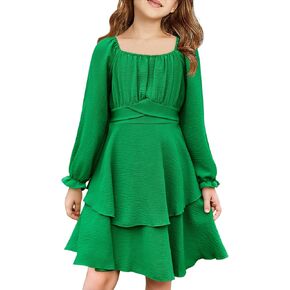 Haloumoning Girls Fall Dress Long Sleeve Off Shoulder Puff Sleeve Ruffle Tiered Layer Party Dresses 7-14 Years in Kuwait