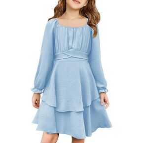 Haloumoning Girls Fall Dress Long Sleeve Off Shoulder Puff Sleeve Ruffle Tiered Layer Party Dresses 7-14 Years