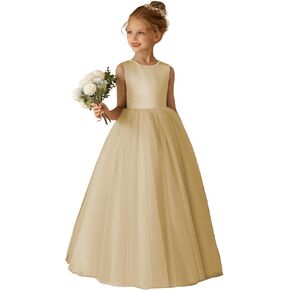 Elegant O-Neck Flower Girl Dress for Wedding Girl's Pearls Formal First Communion Dresses with Bowknot