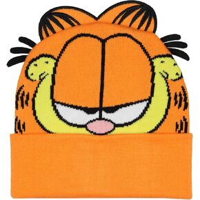 Garfield Beanie Men's Allover Face Design w 3D Ears and Fur Tufts Cuff Knit Cold Weather Casual Beanie Cap Hat OSFM
