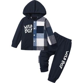 KANGKANG Toddler Boy Clothes Plaid Long Sleeve Hoodie Sweatshirt + Pants 2pcs Fall Winter Boys Outfit Set