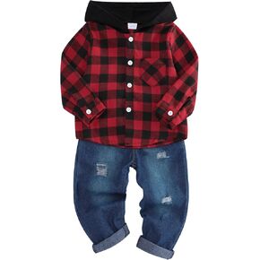 Toddler Boy Clothes Plaid Boy Shirts Long Sleeve Hoodie and Jeans Boys Pants Set Boys Clothes Fall Winter