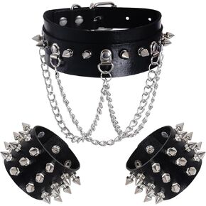 hoyuwak 3Pcs Leather Spike Choker Studded Bracelet Cuffs Set Black Gothic Jewelry Rivet Collar Wristbands Puck Accessories for Men Women 80s Rock Goth Costume Cosplay Decoration
