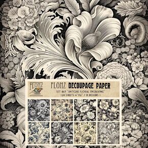 Decoupage Paper Pack (24 Sheets 6"x6") Antique Floral Engraving # Vintage Styled Pattern Paper for Decoupage, Craft and Scrapbooking