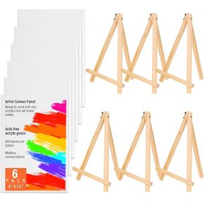 Canvas Boards with Easel for Painting 6 Pack 8 x 10 Inch Painting Canvas Panels with Pine Easels, Blank Canvas Beginner Kit for Acrylic Oil Watercolor Crafts Sip and Paint Art Party