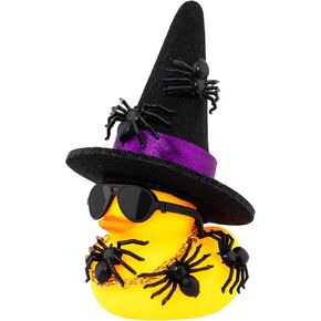 wonuu Spiders Rubber Ducks for Halloween, Car Dashboard Decorations Duck for Office Desk Ornament Accessories with Witch Hat Glasses Chain Spider (Black)