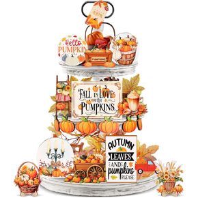19 Pcs Fall Tiered Tray Decorations Set Thanksgiving Pumpkin Maple Leaf Truck Wooden Sign Hello Fall Decor Autumn Harvest Decorative Trays Rustic Farmhouse Table Decor for Home Kitchen Shelf