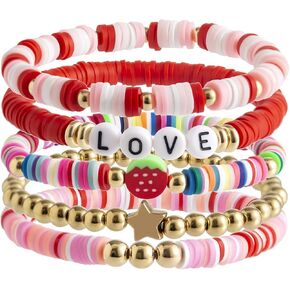 Strawberry Polymer Clay Stacktable Bracelets Colorful Strawberry Heishi Clay Bead Bracelet Set Boho Fruit Elastic Summer Beach Letter Bracelets Layered Jewelry for Women Girls
