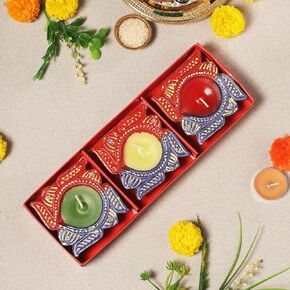 Set of 3 Diwali Wax Diya Decoration Item Gift Terracotta Colorful Handmade Decorative Clay Diya Wax Lamp Diwali Gift Box Navratri Puja Festival Lighting Indian Oil Lamp