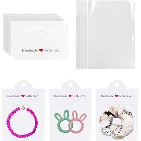 ALLWSLucky 100Pcs Jewelry Packaging for Small Business, Handmade with Love Jewelry Display Cards with Clear Bags for Selling, Small Craft Packaging Set for Bracelets, Key Chains, Earring (Kraft)