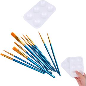 Paint Brush and Paint Tray Palette Set, 10 PCS Nylon Hair Brushes and 1 Pack 6 Well Plastic Paint Palette
