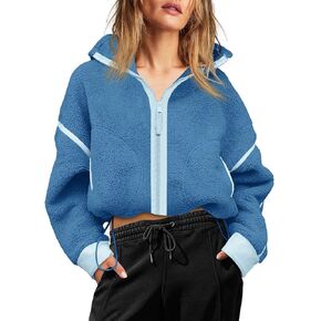 Tankaneo Womens Cropped Sherpa Fleece Jackets Zip Up Drawstring Waist Color Block Warm Fuzzy Coats