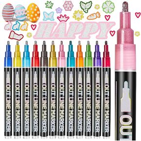 Shimmer Markers Outline Pens, 12 Colors Metallic Glitter Markers Gifts for Teen Girls Trendy Stuff, Double Line Self-Outline Art Supplies, Drawing & Crafts, School Supplies for 4-12 Year Old Girls