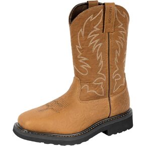 Cowboy Boots for Men with Steel Toe, Leather Anti Slip Square Toe Work Boots Western Men's Brown Boots for Manufacturing, Construction, Farming, Size 7-14