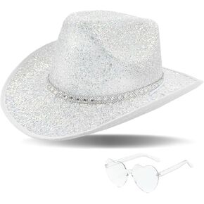 DAJOOEE Cowgirl Hat with Heart Sunglasses Sequin Glitter Cowboy Hat for Women Cosplay Bachelor Party Costume Hats