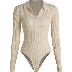 CIDER Women’s Long Sleeve Collared Zip Up Ribbed Knit Casual Bodysuits Slim Fit Tops