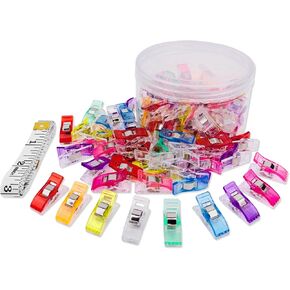 GDMINLO Premium Plastic Clips 100 Pack Multipurpose Sewing Clips for Quilting and Crafts with Tin Box, Assorted Colors, 1 Sewing Tape Measure
