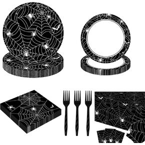 97 PCS halloween plates and napkins set, halloween party supplies Includes paper plates, napkins, tablecloth and forks Great for Halloween birthday parties or other celebrations