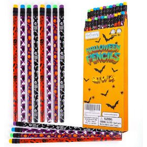 Halloween Pencils for Kids - Set of 24 Halloween Pencils - Wooden Eraser-Topped Pencils in 4 Spooky Designs - Halloween Party Favors for Kids - Non-Candy Trick or Treat Handouts - Goodie Bag Stuffers
